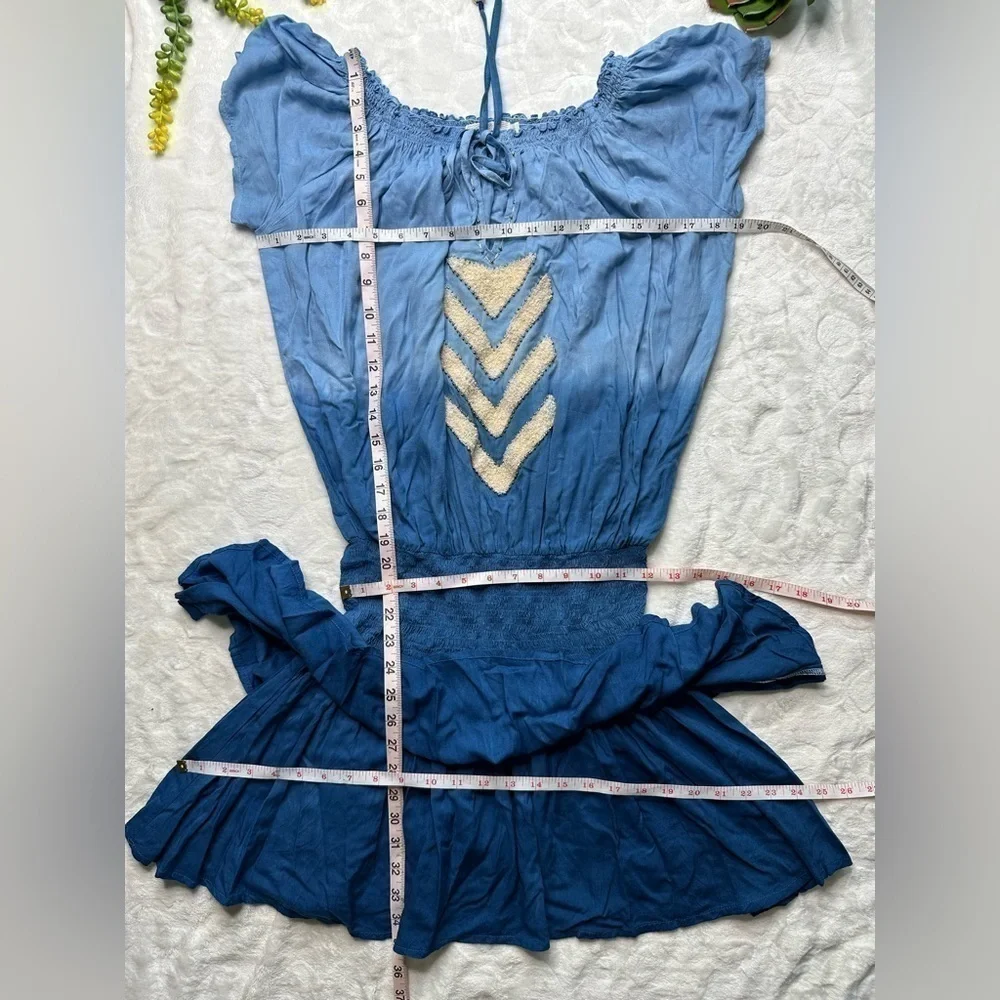 Skemo Bahama Gypsy Shirred Waist Dip Dyed Blue Mini Dress Cover-Up Womens Large